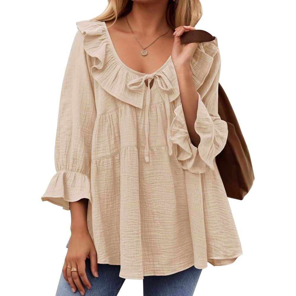 ZESICA Women Boho Ruffle Tiered Tunic Top Beige Apricot Gauze Blouse M 8-10 NWT